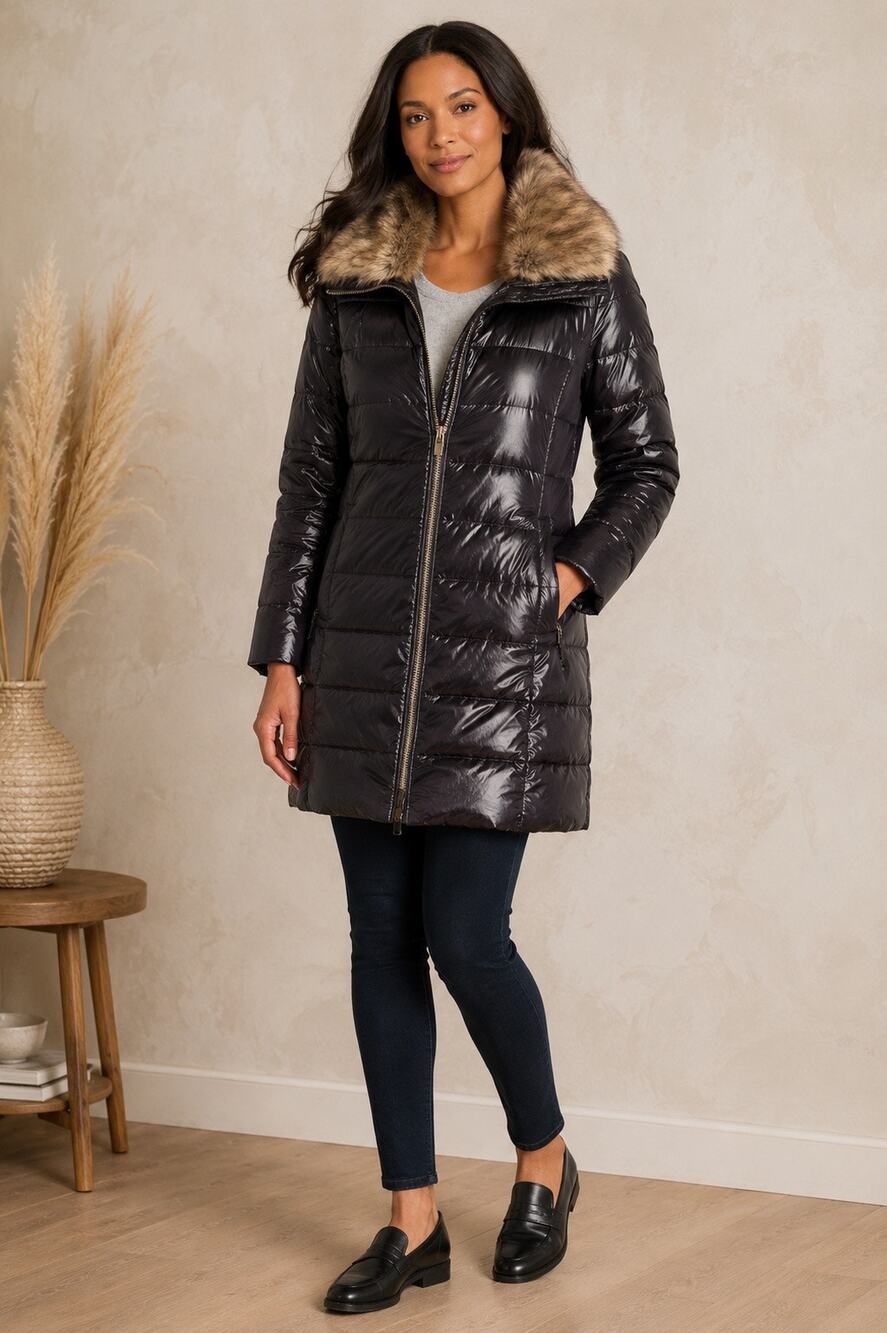 Kate Spade New York Blk Quilted Down Puffer Coat Removable Faux Fur Hood Jacket